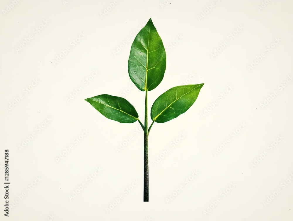 Green leaf stem with three leaves symmetrically growing against white background representing botanical minimalism environmental sustainability and natural simplicity isolated stock photo