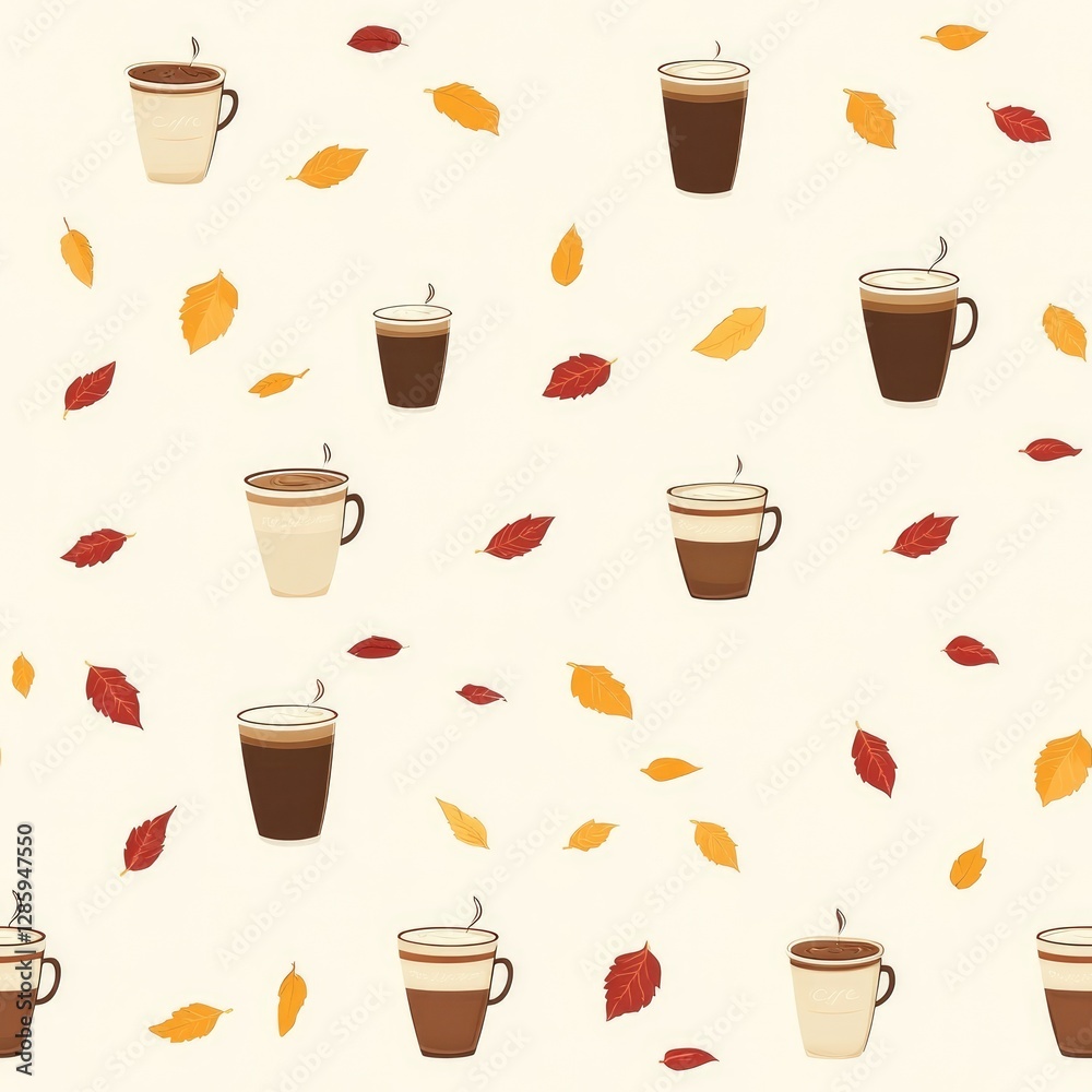 Obraz premium Seamless Autumn Coffee Pattern with Falling Leaves and Steaming Cups