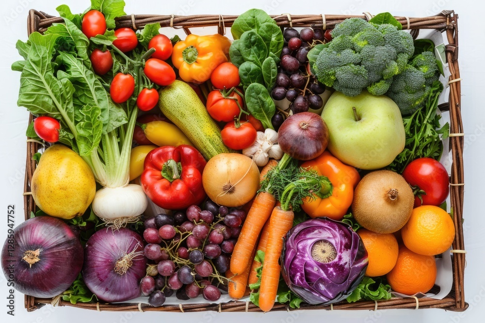 A basket brimming with fresh, colorful fruits and vegetables, showcasing a healthy and vibrant harvest.