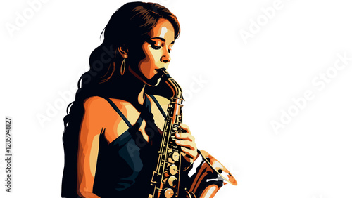 A young woman playing a saxophone