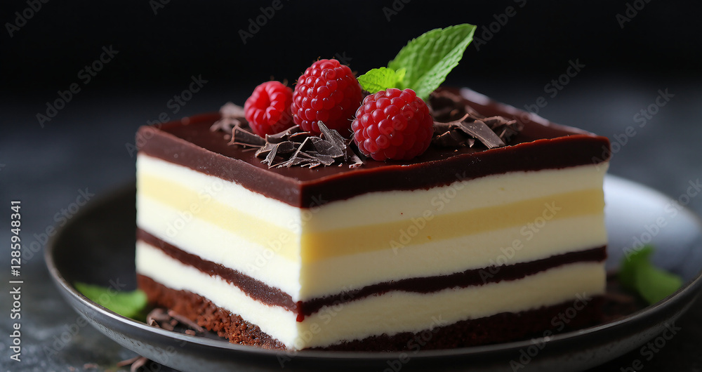 A chocolate and vanilla layered parfait topped with raspberries and mint leaves. A chocolate and vanilla layered parfait topped with raspberries and mint leaves.