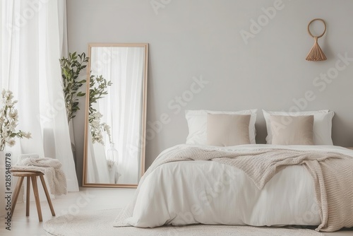 modern minimalist bedroom featuring floortoceiling mirrors bathed in natural light with clean lines and neutral tones creating an illusion of expanded space