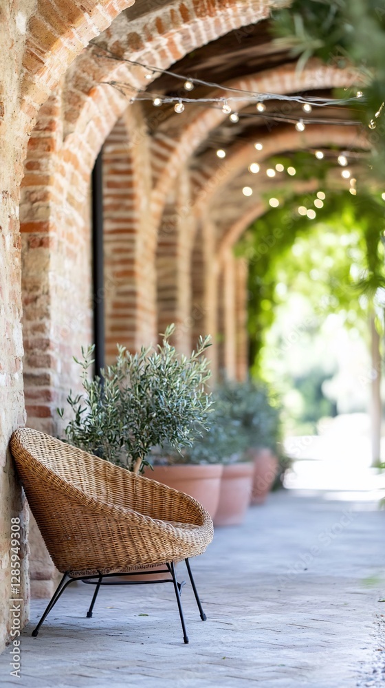 Fototapeta premium Rustic patio with wicker chair, olive trees, and arches