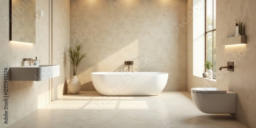Serene Minimalist Bathroom Design with Freestanding Tub and Wall-Hung Toilet