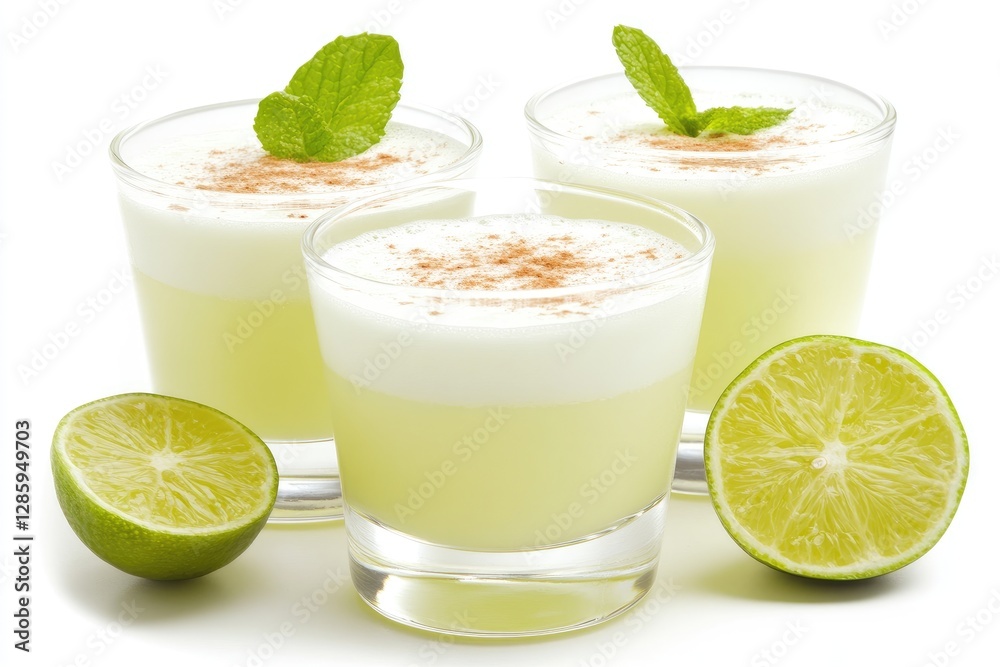 Three Glasses Displaying Beverages with Mint and Fresh Lime Slices Three Glasses Displaying Beverages with Mint and Fresh Lime Slices