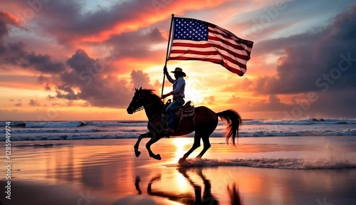 A cowboy gallops along the beach at sunset, holding the American flag high in the wind.

