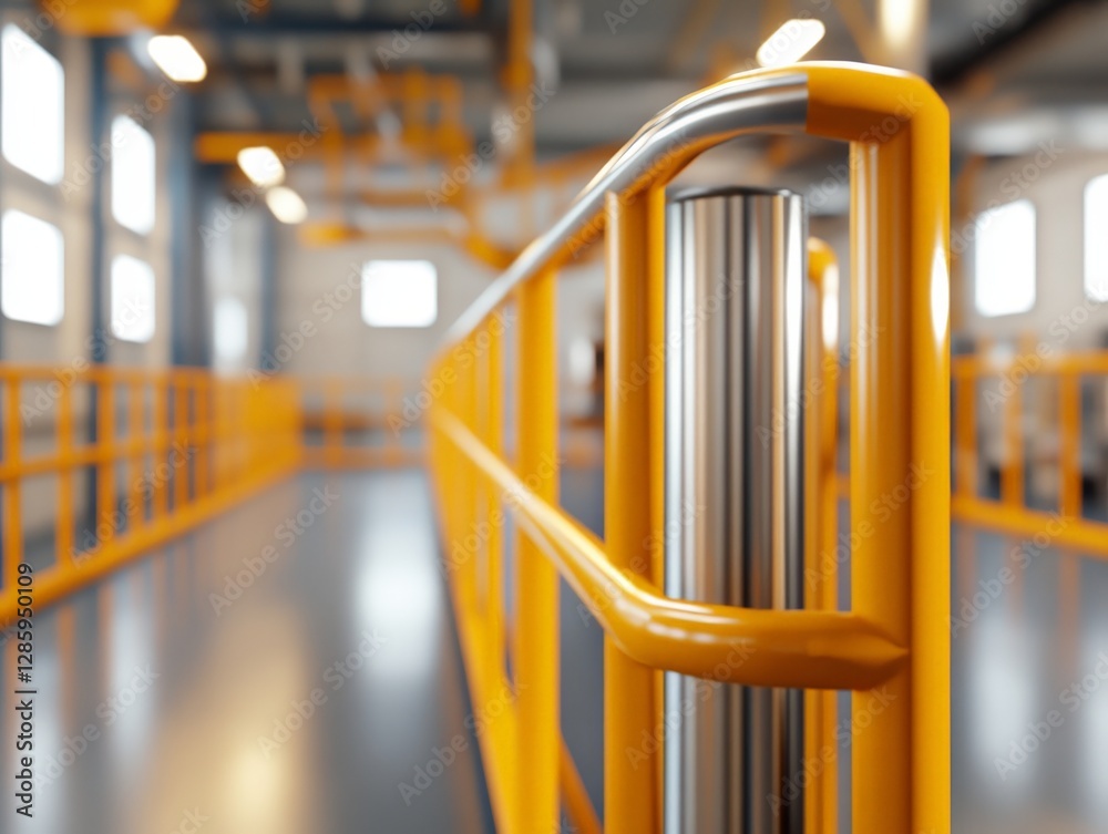 Modern industrial facility with yellow safety railings and reflective surfaces in a high tech manufacturing environment focusing on workplace security and technological advancement Modern industrial facility with yellow safety railings and reflective surfaces in a high tech manufacturing environment focusing on workplace security and technological advancement