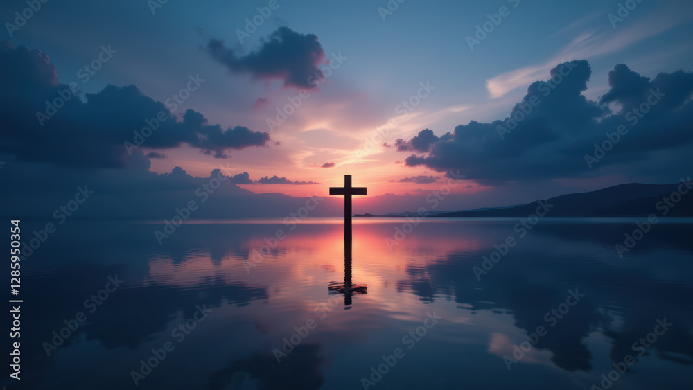 Sunset over the sea with a reflection and cross on the water. Sunset over the sea with a reflection and cross on the water.