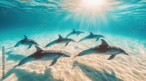 Tropical dolphins swimming underwater, sunbeams, sandy ocean floor
