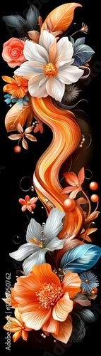 Abstract Orange and White Floral Arrangement with Swirling Design