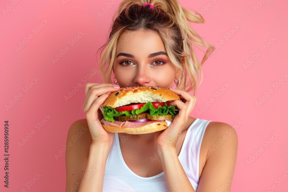A young woman with blonde hair and makeup joyfully holds a large and delicious-looking burger in front of her face against a pink background. A young woman with blonde hair and makeup joyfully holds a large and delicious-looking burger in front of her face against a pink background.