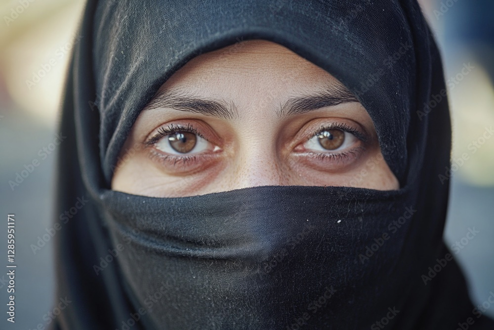 A close-up shot of a person wearing a black veil, with some facial features hidden A close-up shot of a person wearing a black veil, with some facial features hidden