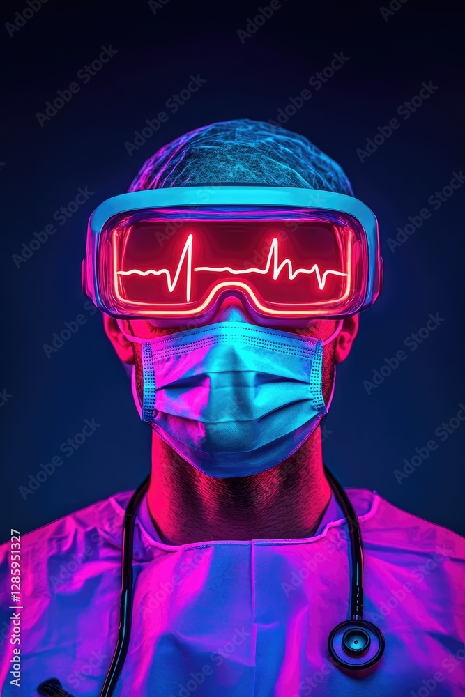 Futuristic Medical Professional with Neon VR Goggles and Stethoscope in Innovative Healthcare Concept Futuristic Medical Professional with Neon VR Goggles and Stethoscope in Innovative Healthcare Concept