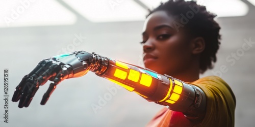 A woman showcases her futuristic robotic arm in a vibrant and modern setting. This image symbolizes the blend of technology and humanity. It is visually striking and thought-provoking. AI