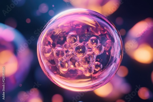 Spherical clusters of energy and light illuminate the space in vivid hues, revealing the beauty of molecular structures and forms. Generative AI