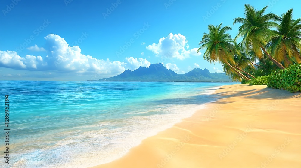 Obraz premium Beautiful tropical beach displaying crystal clear water and palm trees