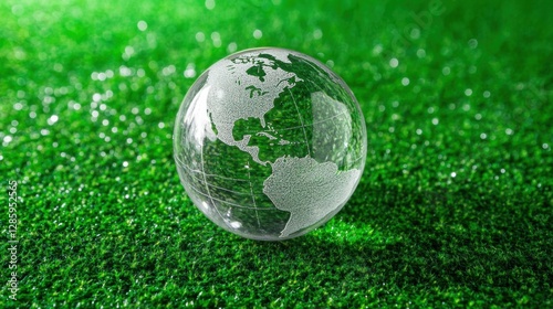 Etched Glass Earth Globe on Emerald Moss: A Hyperrealistic Macro Photograph Emphasizing Earth Day Themes with Soft Light and Natural Green Tones. Perfect for Stock Photography. photo