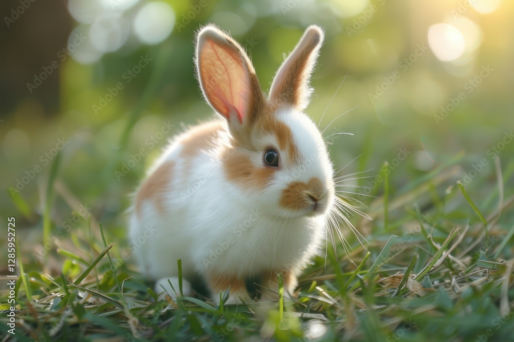 Fototapeta premium Adorable orange and white baby rabbit sitting in the grass bathed in sunlight.