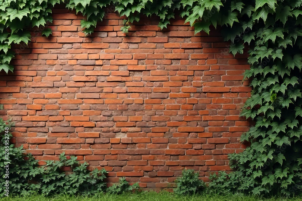 Fototapeta premium Rustic Brick Wall with Climbing Plants and Grass Border