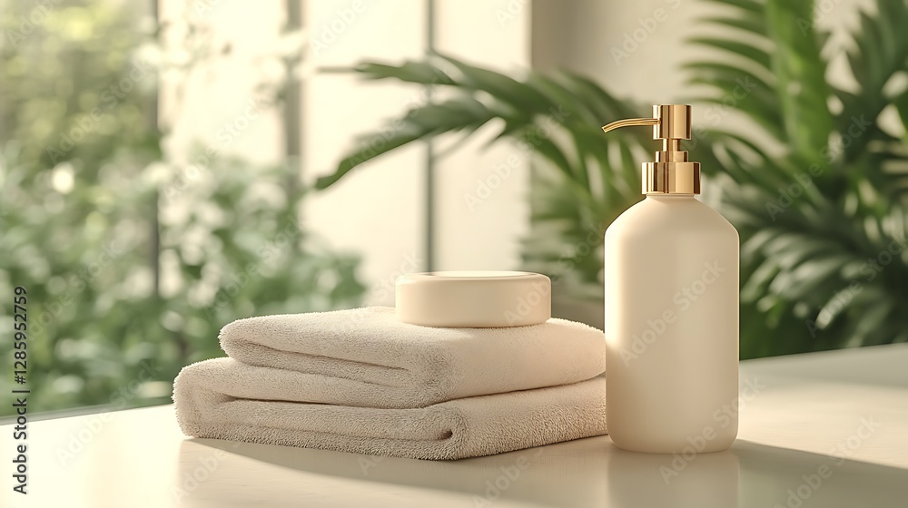 White soap, lotion bottle, and towels on a table. White soap, lotion bottle, and towels on a table.