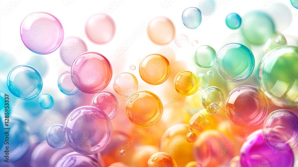 Colorful transparent bubbles floating in the air against white background Colorful transparent bubbles floating in the air against white background