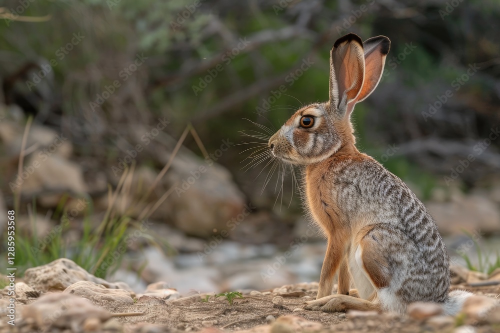 Fototapeta premium A desert jackrabbit sits alertly amidst rocks and sparse vegetation, showcasing its striking camouflage.