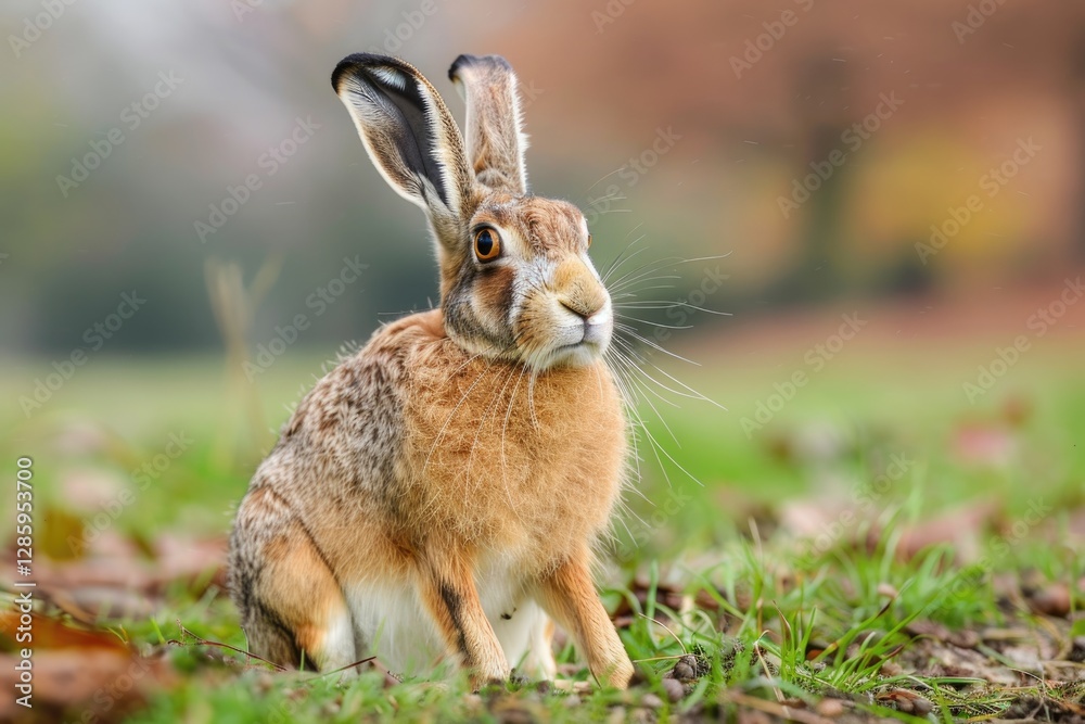 Fototapeta premium A European hare sits alertly in a field, its fur blending with the autumnal foliage.