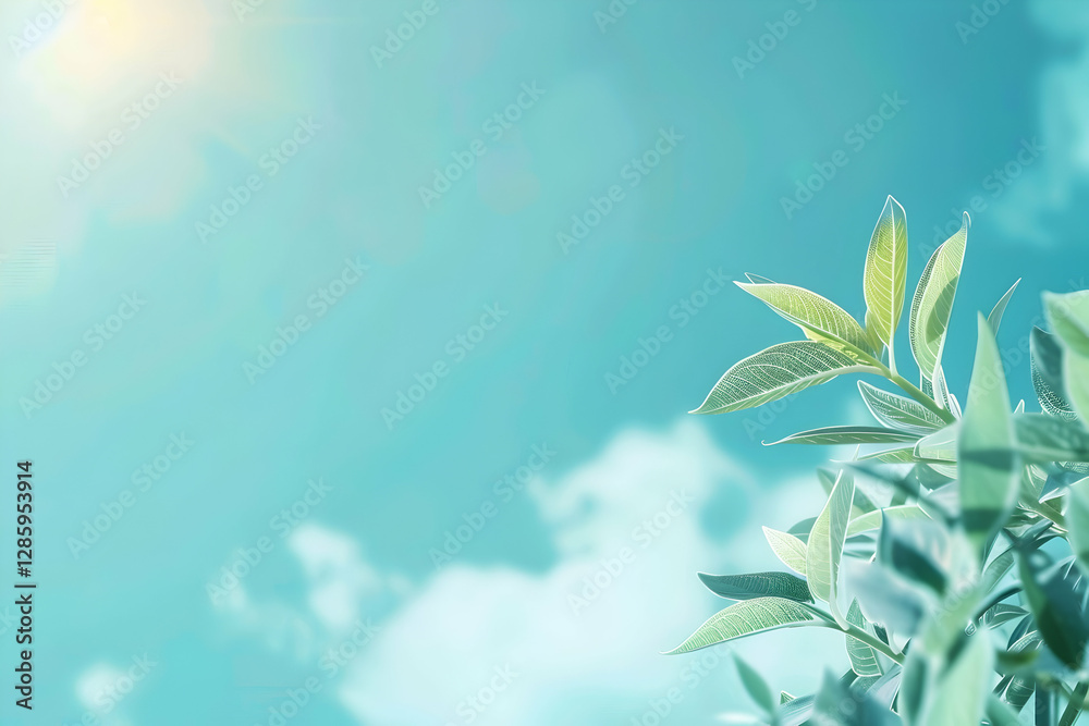 Fototapeta premium Lush green leaves reaching towards a bright blue sky with soft clouds in the background