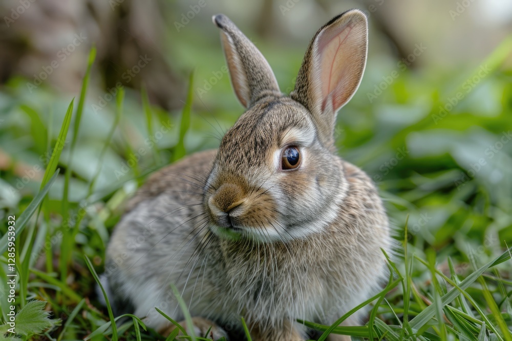 An adorable young rabbit sits nestled in lush green grass, its fur a mix of brown and grey. An adorable young rabbit sits nestled in lush green grass, its fur a mix of brown and grey.