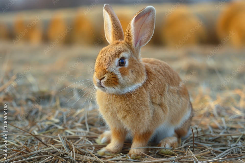 Fototapeta premium An adorable orange bunny rabbit sits in a field of hay, enjoying the warm sunlight.