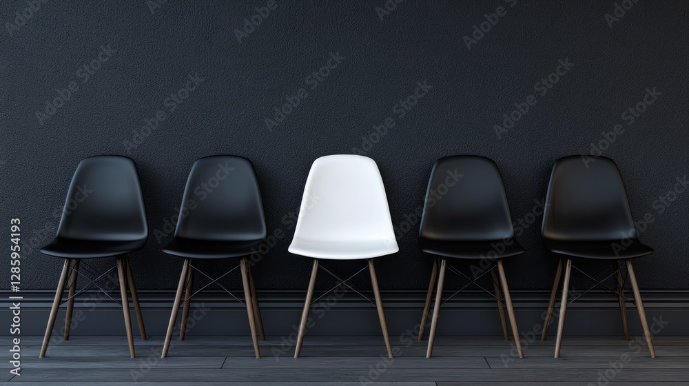 Obraz premium Single white chair in black chair lineup, grey industrial background, 3D render, business theme 