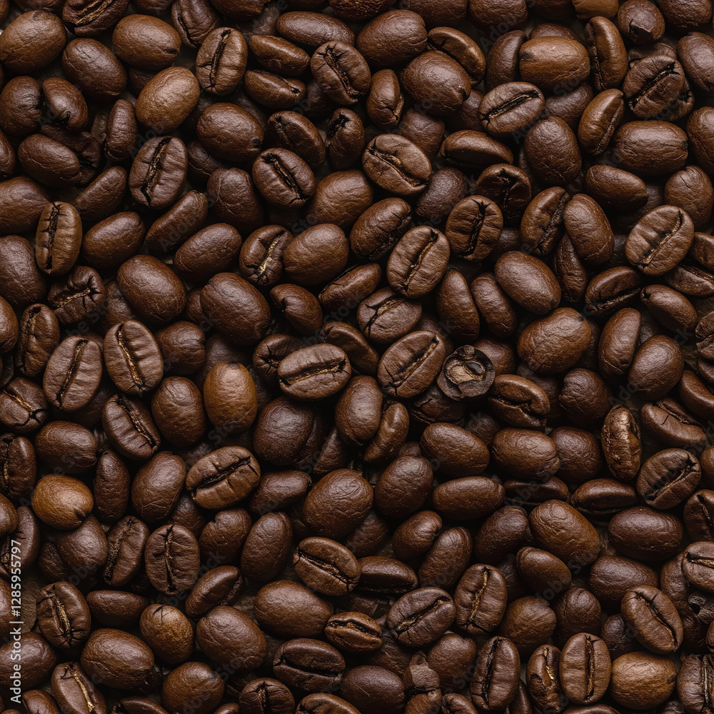 Fototapeta premium Aromatic Coffee Bean Cascade: A close-up shot of a dense pile of roasted coffee beans, each with rich, inviting color. The texture and depth offer a sensory experience.