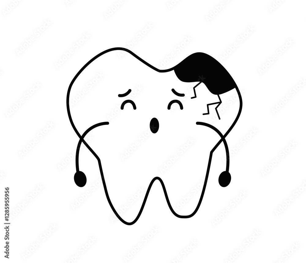 Sad Cavities Tooth Cute Dental Character Line Sad Cavities Tooth Cute Dental Character Line