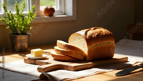 baked fresh bread on the table in a sunny kitchen
