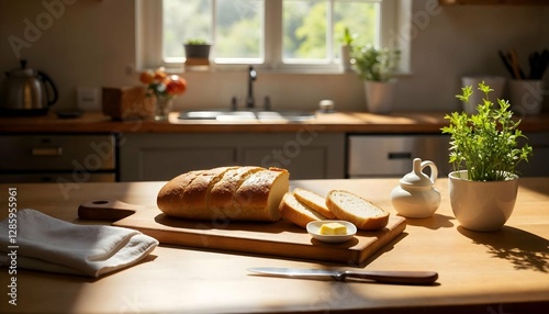 baked fresh bread on the table in a sunny kitchen
