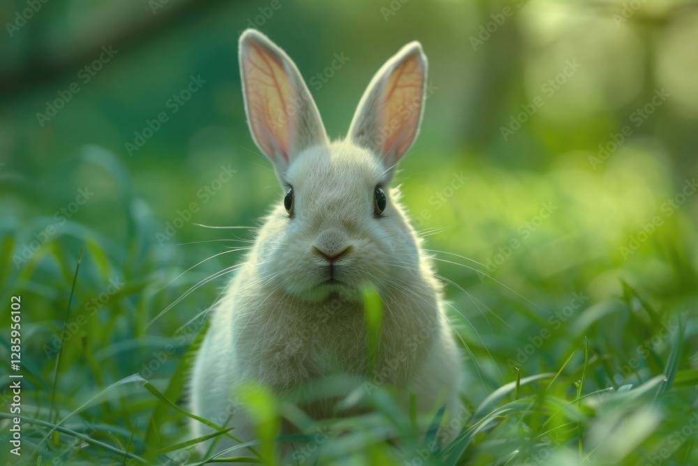 Adorable white rabbit sitting in lush green grass, captivating eyes. Adorable white rabbit sitting in lush green grass, captivating eyes.