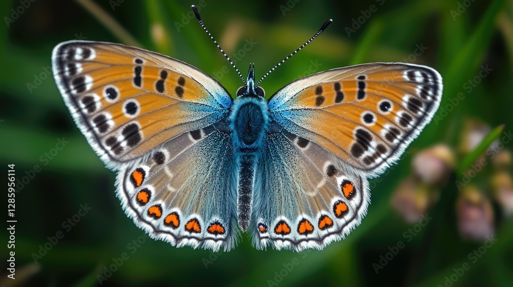 Obraz premium A blue and orange butterfly sits on top of lush green grass