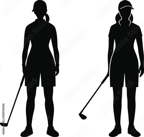 Golfer Silhouettes in Action  Female Athlete Swinging a Golf Club, Vector Art