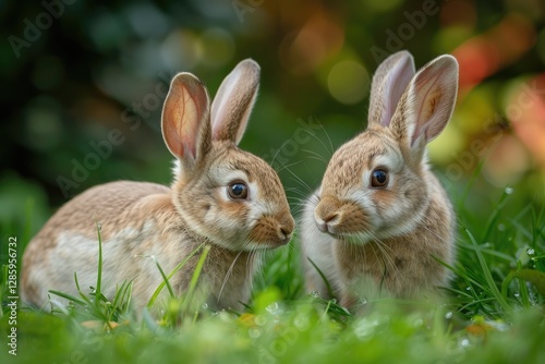 Two adorable baby rabbits, brown and fluffy, playfully interacting in lush green grass.