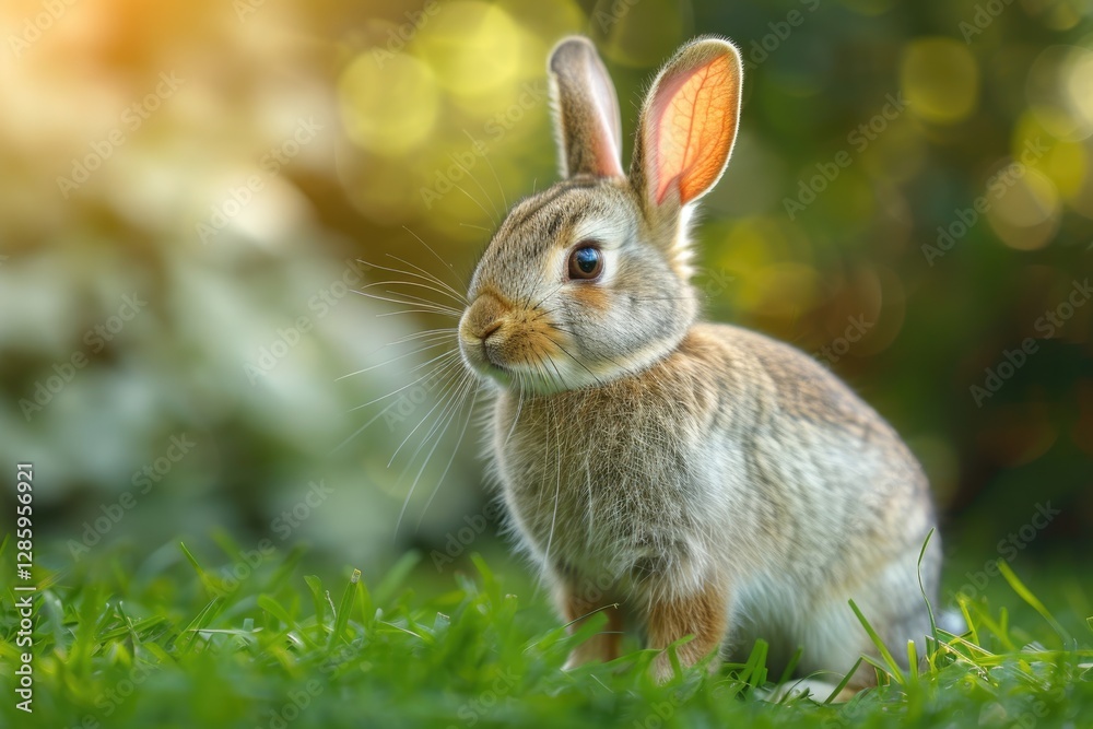 Fototapeta premium An adorable young rabbit sits in a lush green meadow, bathed in soft sunlight.