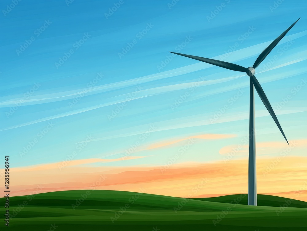Obraz premium Wind turbine standing tall against blue sky with subtle gradients in digital artwork representing sustainable energy technology