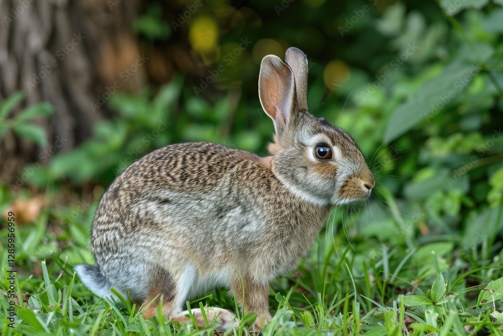 A young eastern cottontail rabbit sits alertly in a lush green grassy meadow. A young eastern cottontail rabbit sits alertly in a lush green grassy meadow.