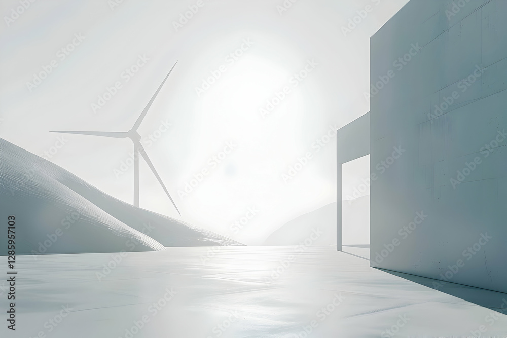 Obraz premium Serene landscape featuring a modern structure and wind turbine under a bright, foggy sky