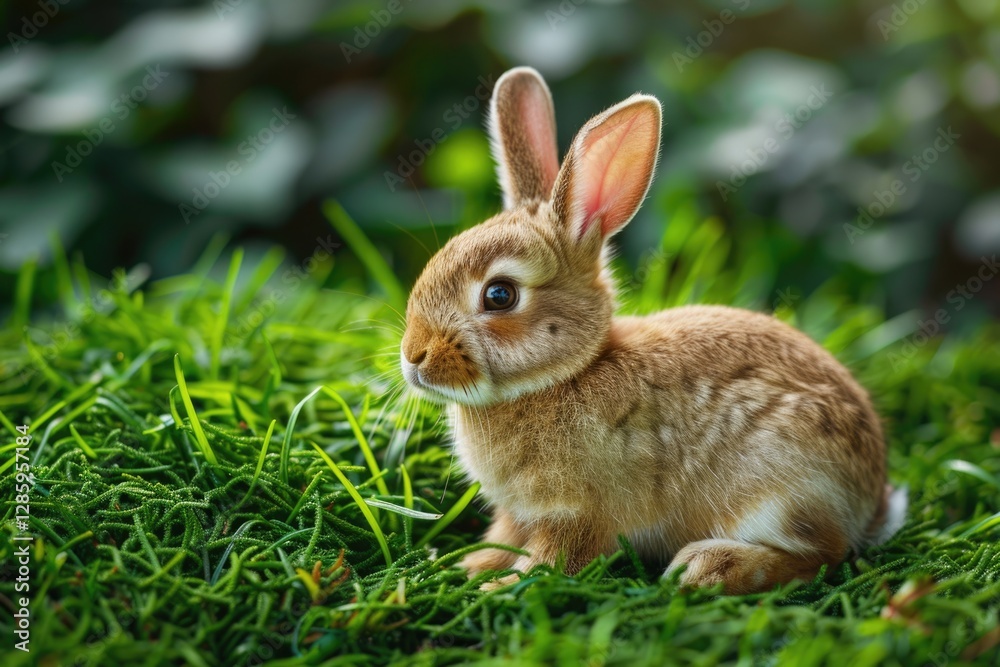 Adorable brown bunny rabbit sitting in lush green grass, enjoying nature. Adorable brown bunny rabbit sitting in lush green grass, enjoying nature.