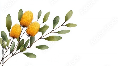 Fototapeta Naklejka Na Ścianę i Meble -  Watercolor illustration of a yellow flower with green leaves on a white background featuring australian banksia