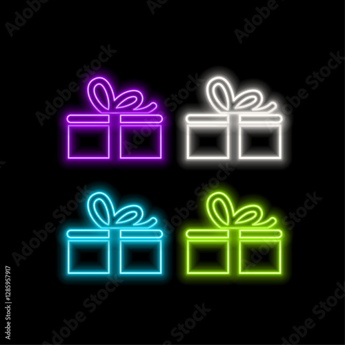 Gift box with red ribbon on trendy neon color background. zero gravity. levitation. copyspace. Concept sales, discount price, christmas presents and shopping.