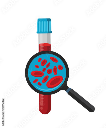 Blood tube and blood cells under a magnifying glass stock illustration
