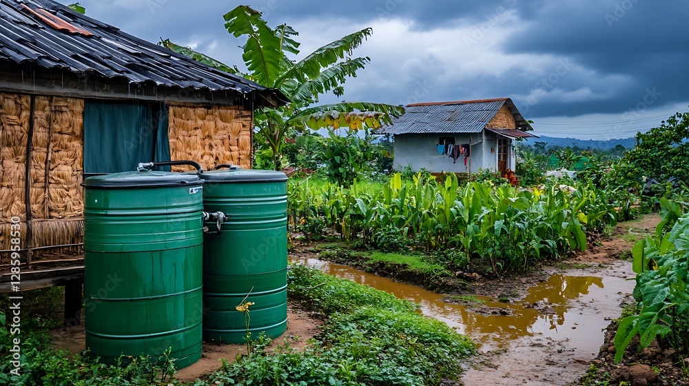 Naklejka premium Rural Village Scene with Green Water Tanks and Muddy Path