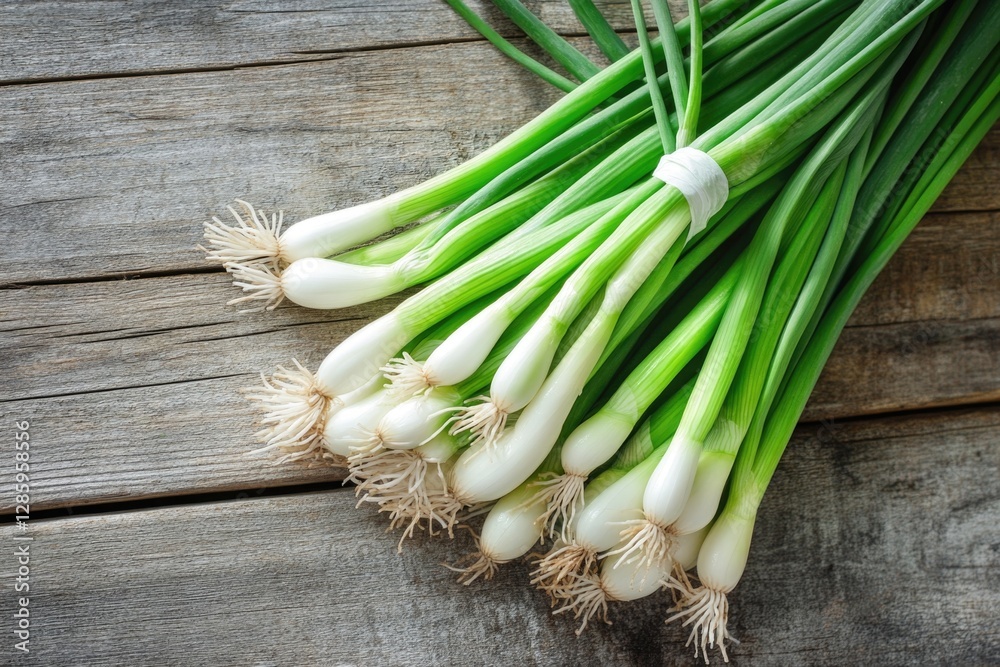 A cluster of green onions resting on a rustic wood surface A cluster of green onions resting on a rustic wood surface