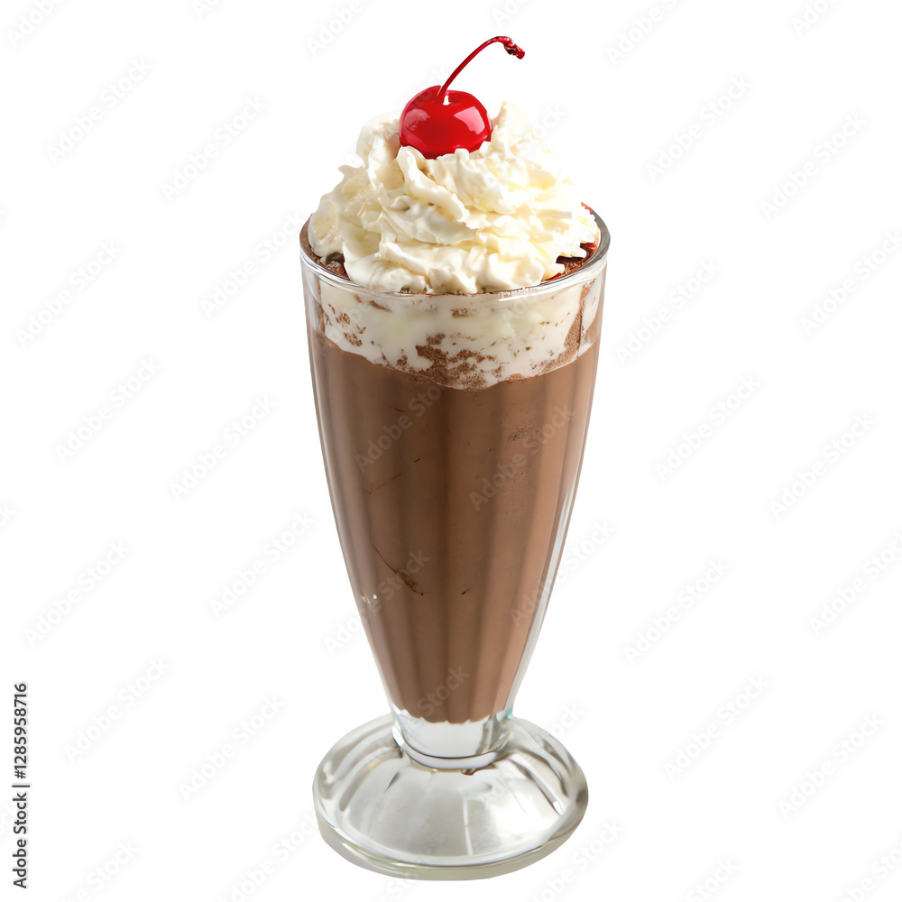 Chocolate milkshake in a tall glass with whipped cream and straw, isolated on transparent background Chocolate milkshake in a tall glass with whipped cream and straw, isolated on transparent background